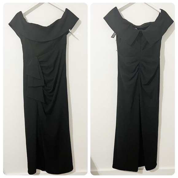 NEW NWT Xscape CAMILA LONG OFF THE SHOULDER SCUBA CREPE DRESS Black Gown Sz 16 - Picture 2 of 7